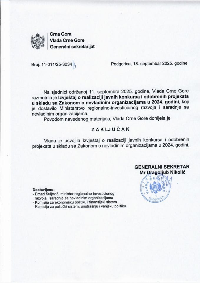 Izvještaj o realizaciji javnih konkursa i odobrenih projekata u skladu sa Zakonom o nevladinim organizacijama u 2024. godini - zaključci