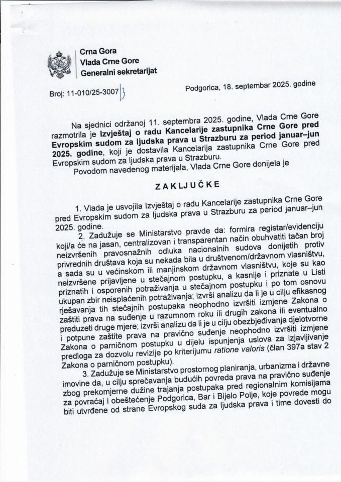 Izvještaj o radu Kancelarije zastupnika Crne Gore pred Evropskim sudom za ljudska prava u Strazburu za period januar-jun 2025. godine - zaključci