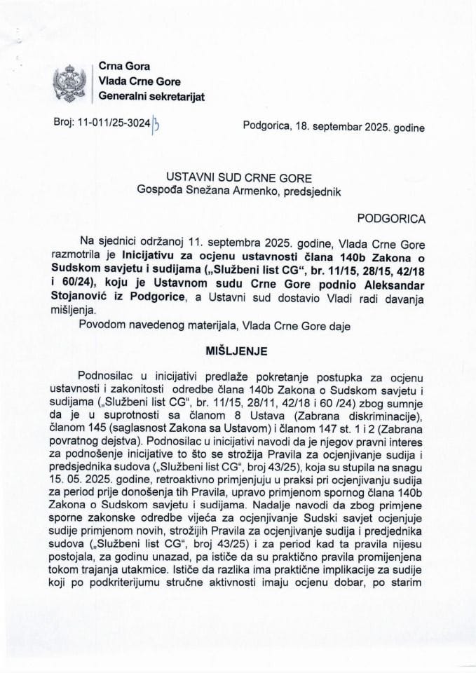 Predlog mišljenja na Inicijativu za pokretanje postupka za ocjenu ustavnosti odredbe člana 140b Zakona o Sudskom savjetu i sudijama („Službeni list CG“, br. 11/15, 28/15, 42/18 i 60/24), koju je podnio Aleksandar Stojanović, iz Podgorice - zaključci
