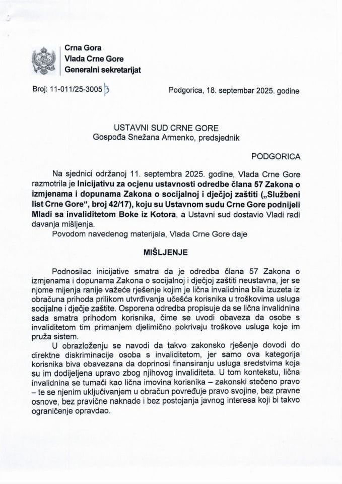 Predlog mišljenja na Inicijativu za pokretanje postupka za ocjenu ustavnosti odredbe člana 57 Zakona o izmjenama i dopunama Zakona o socijalnoj i dječjoj zaštiti („Sl. list CG“, broj 42/17), koju je podnijela Inicijativa mladih sa invaliditetom Boke - zaključci