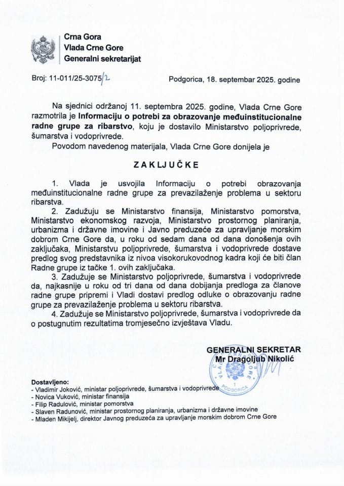 Informcija o potrebi za obrazovanje međuinstitucionalne radne grupe za ribarstvo - zaključci