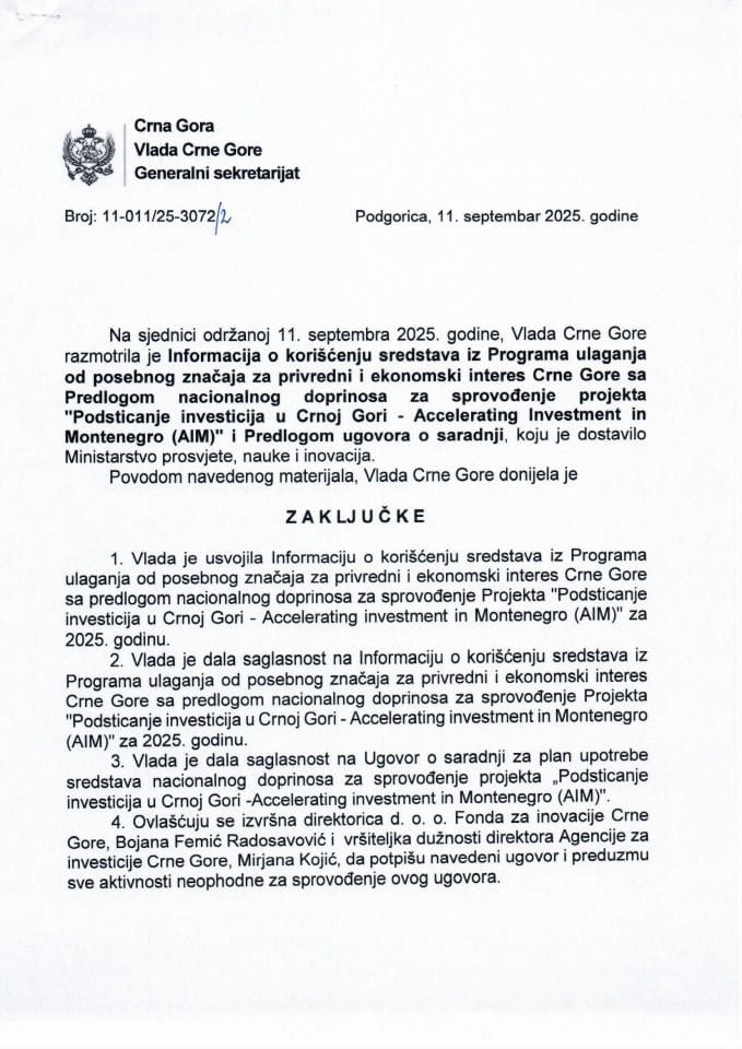 Informacija o korišćenju sredstava iz Programa ulaganja od posebnog značaja za privredni i ekonomski interes CG sa Predlogom nacionalnog doprinosa za sprovođenje projekta "Podsticanje investicija u Crnoj Gori" - zaključci