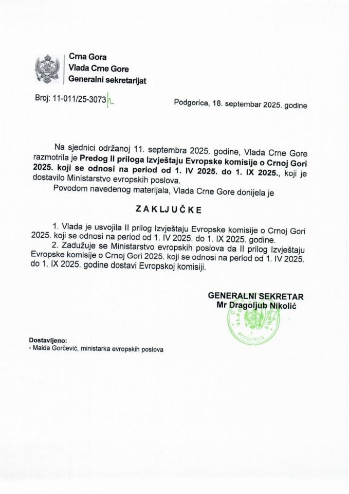 Predlog II priloga Izvještaju Evropske komisije o Crnoj Gori 2025. koji se odnosi na na period od 1. IV 2025. do 1. IX 2025. - zaključci