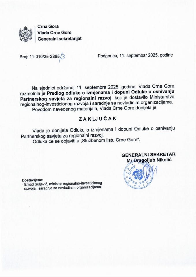 Predlog odluke izmjenama i dopuni Odluke o osnivanju Partnerskog savjeta za regionalni razvoj - zaključci