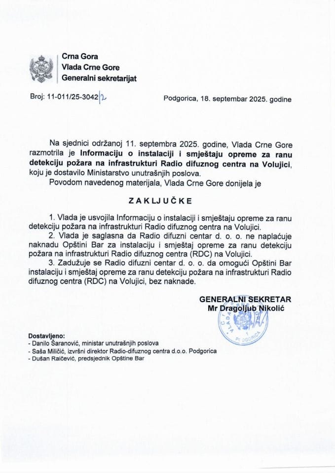 Informacija o instalaciji i smještaju opreme za ranu detekciju požara na infrastrukturi Radio difuznog centra na Volujici - zaključci