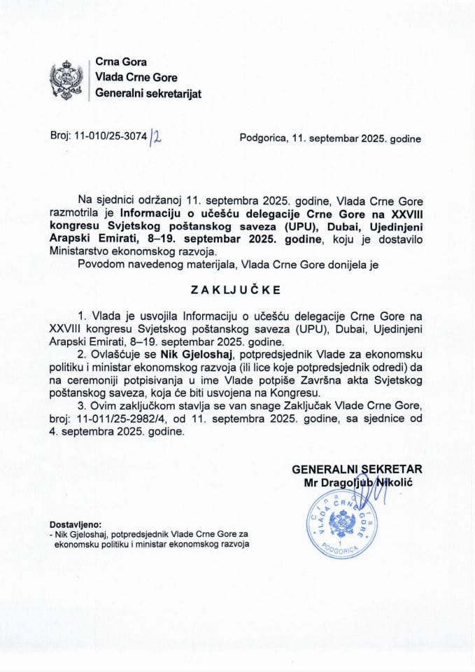 Informacija o učešću delegacije Crne Gore na XXVIII kongresu Svjetskog poštanskog saveza UPU), Dubai, Ujedinjeni Arapski Emirati, 8-19. septembar 2025. godine - zaključci