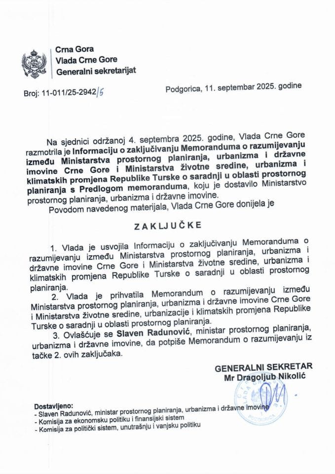 Информација о закључивању Меморандума о разумијевању између Министарства просторног планирања, урбанизма и државне имовине ЦГ и Министарства животне средине, урбанизма Републике Турске о сарадњи у области просторног планирања - Закључци