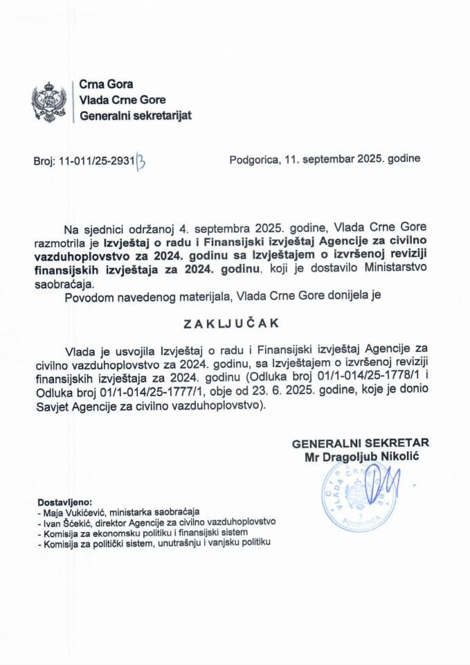 Извјештај о раду и Финансијски извјештај Агенције за цивилно ваздухопловство за 2024. годину са Извјештајем о извршеној ревизији финансијских извјештаја за 2024. годину - Закључци