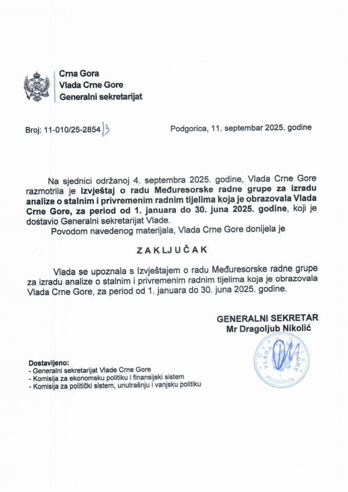 Извјештај о раду Међуресорске радне групе за израду анализе о сталним и привременим радним тијелима које је образовала Влада Црне Горе, за период од 1. јануара до 30. јуна 2025. године - Закључци