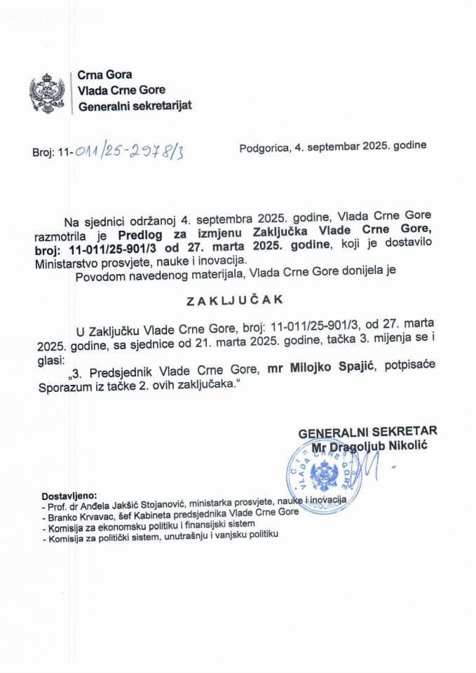 Predlog za izmjenu Zaključka Vlade Crne Gore, broj: 11-011/25-901/3, od 27. marta 2025. godine - Zaključci