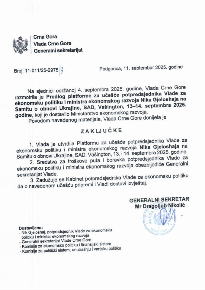 Предлог платформе за учешће потпредсједника Владе за економску политику и министра економског развоја Nika Gjeloshaja на Самиту о обнови Украјине, 13-14. септембра 2025. године, Вашингтон, САД - Закључци