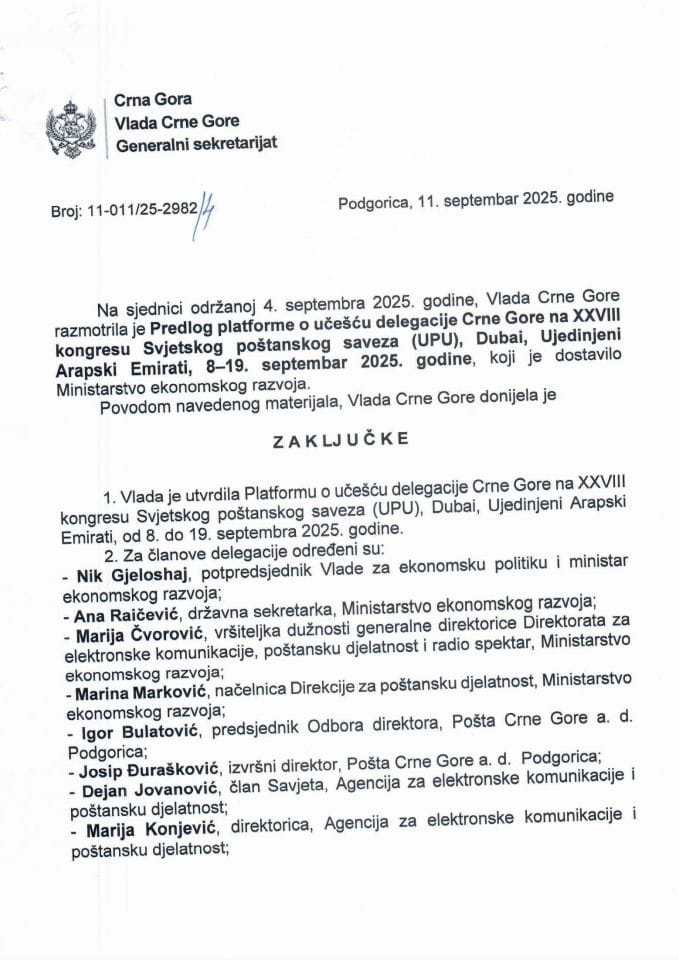 Предлог платформе о учешћу делегације Црне Горе на XXVIII конгресу Свјетског поштанског савеза (UPU), Дубаи, Уједињени Арапски Емирати, 8 -19. септембар 2025. године - Закључци