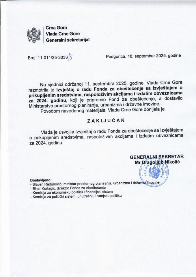 Izvještaj o radu Fonda za obeštećenje sa Izvještajem o prikupljenim sredstvima, raspoloživim akcijama i izdatim obveznicama za 2024. godinu - zaključci
