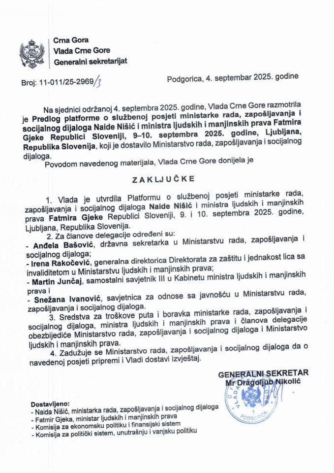 Предлог платформе о службеној посјети министарке рада, запошљавања и социјалног дијалога Наиде Нишић и министра људских и мањинских права Fatmira Gjeke Републици Словенији, 9 -10. септембра 2025. године, Љубљана, Република Словенија - Закључци