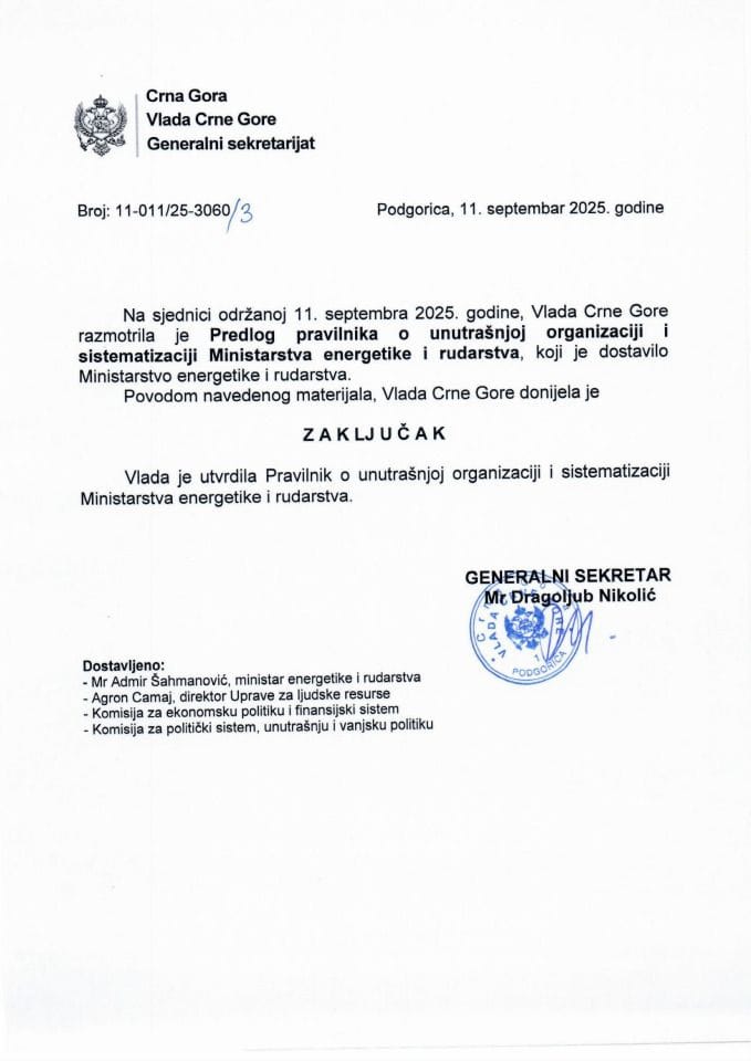 Predlog pravilnika o unutrašnjoj organizaciji i sistematizaciji Ministarstva energetike i rudarstva - kadrovi