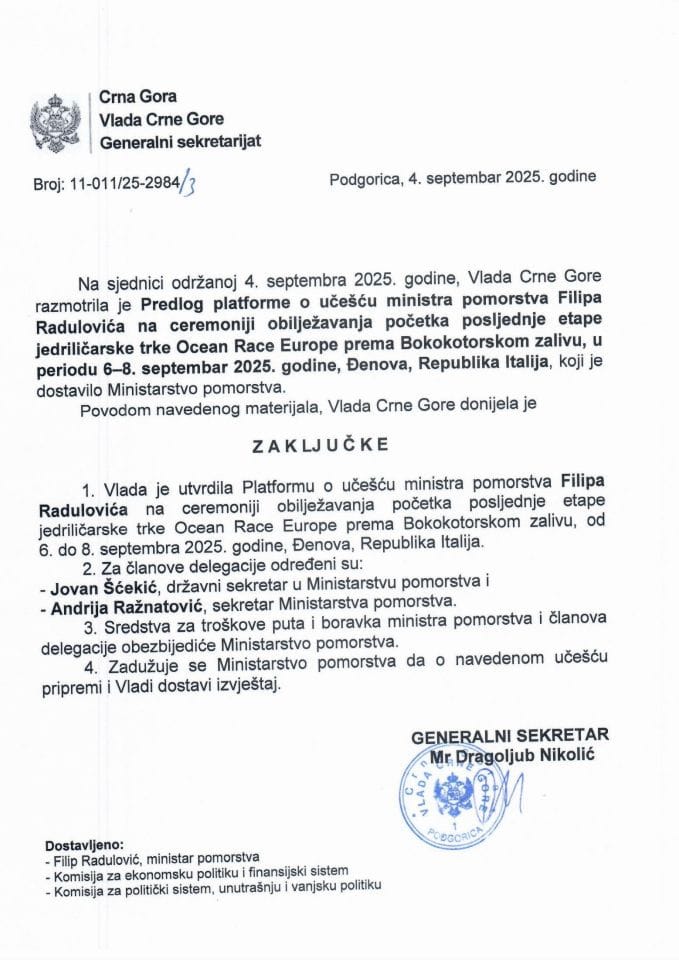 Predlog platforme o učešću ministra pomorstva Filipa Radulovića na ceremoniji obilježavanja početka posljednje etape jedriličarske trke Ocean Race Europe prema Bokokotorskom zalivu, u periodu 6 - 8. septembar 2025. godine, Đenova - Zaključci