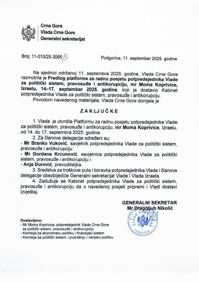 Predlog platforme za radnu posjetu potpredsjednika Vlade za politički sistem, pravosuđe i antikorupciju mr Moma Koprivice Izraelu, 14 - 17. septembar 2025. godine - zaključci