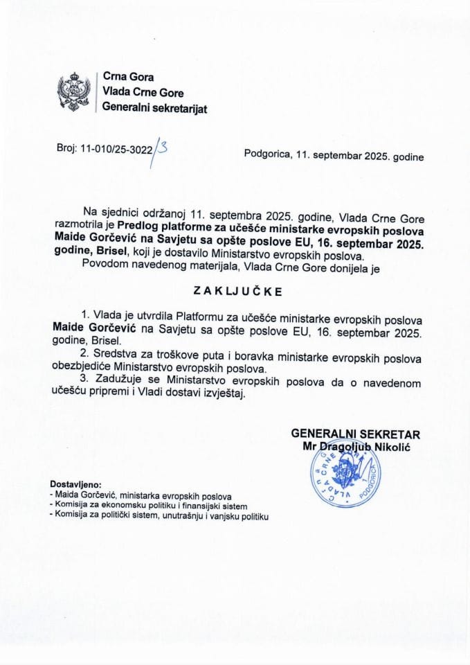 Predlog platforme za učešće ministarke evropskih poslova Maide Gorčević na Savjetu za opšte poslove EU, 16. septembar 2025. godine, Brisel - zaključci
