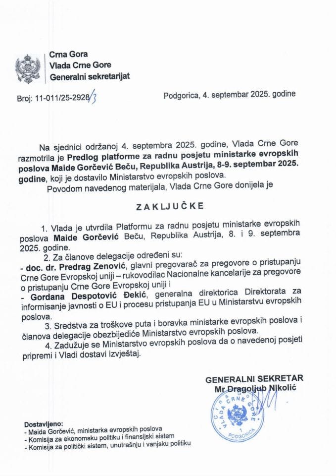 Предлог платформе за радну посјету министарке европских послова Маиде Горчевић Бечу, Република Аустрија, 8-9. септембар 2025. године - Закључци