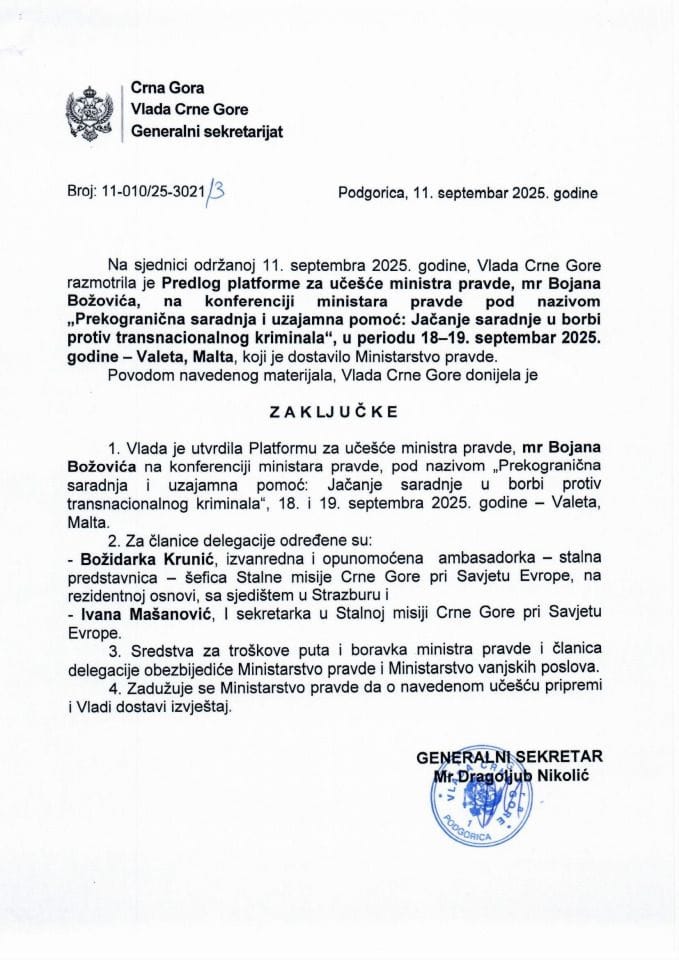 Predlog platforme za učešće ministra pravde Bojana Božovića na konferenciji ministara pravde, pod nazivom „Prekogranična saradnja i uzajamna pomoć: Jačanje saradnje u borbi protiv transnacionalnog kriminala“, 18-19. septembar 2025. - Valeta - zaključci