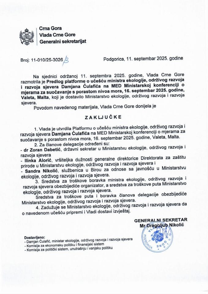Predlog platforme o učešću ministra ekologije, održivog razvoja i razvoja sjevera, Damjana Ćulafića na MED Ministarskoj konferenciji o mjerama za suočavanje s porastom nivoa mora, 16. septembar 2025. godine, Valeta, Malta - zaključci
