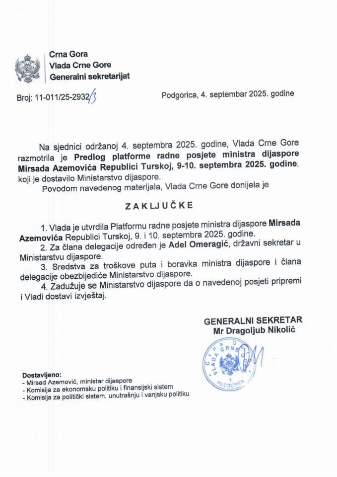Предлог платформе радне посјете министра дијаспоре Мирсада Аземовића Републици Турској, 9. и 10. септембра 2025. године - закључци
