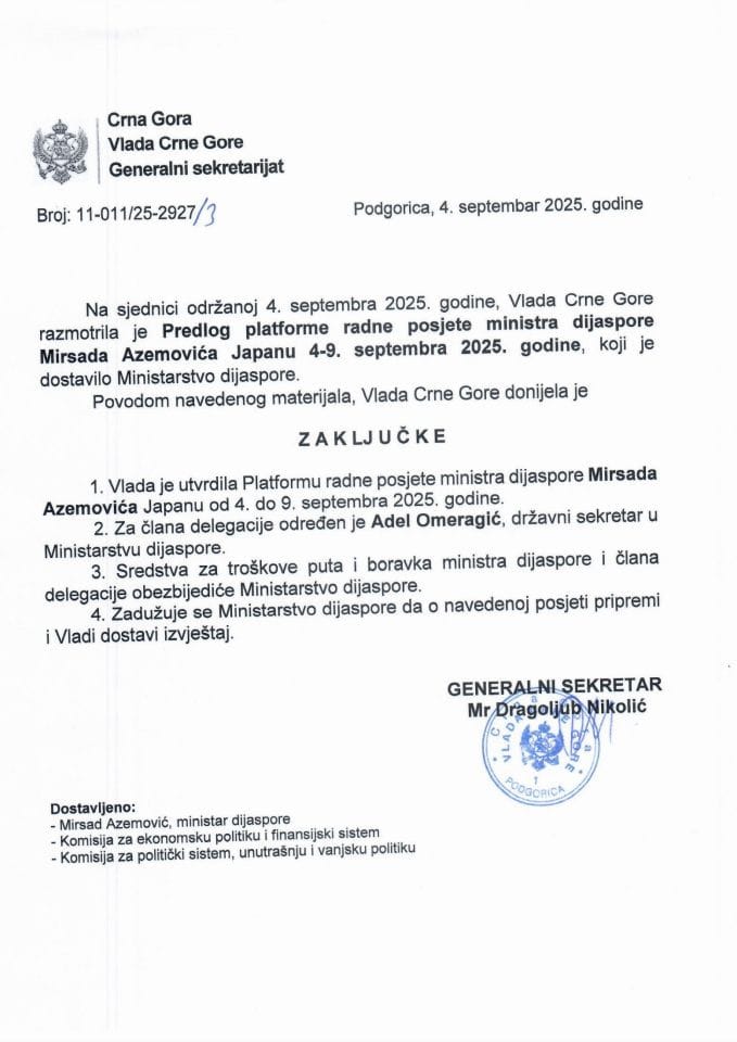 Predlog platforme radne posjete ministra dijaspore Mirsada Azemovića Japanu, 4 - 9. septembra 2025. godine - Zaključci