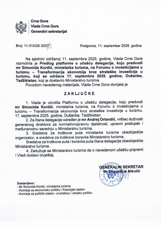 Predlog platforme o učešću delegacije, koju predvodi mr Simonida Kordić, ministarka turizma, na Forumu o investicijama u turizmu - Transformacija ekonomija kroz strateške investicije u turizmu, koji se održava 17. septembra 2025., Dušanbe, Tadžikistan - zaključci