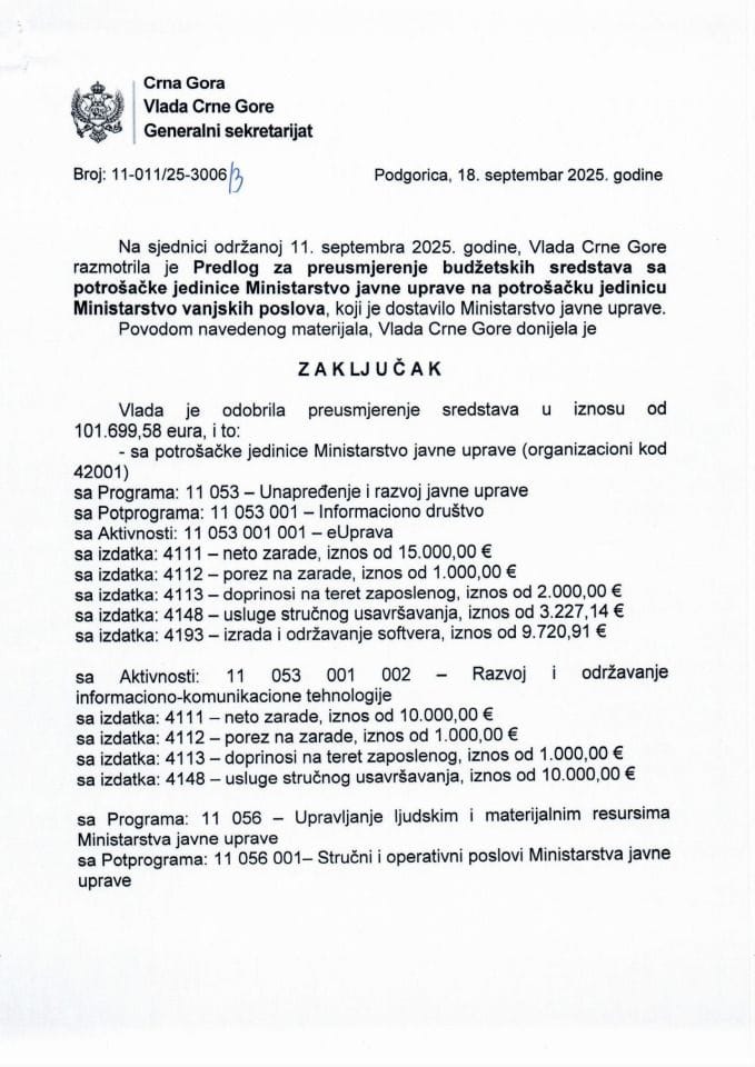 Predlog za preusmjerenje budžetskih sredstava sa potrošačke jedinice Ministarstvo javne uprave na potrošačku jedinicu Ministarstvo vanjskih poslova - zaključci