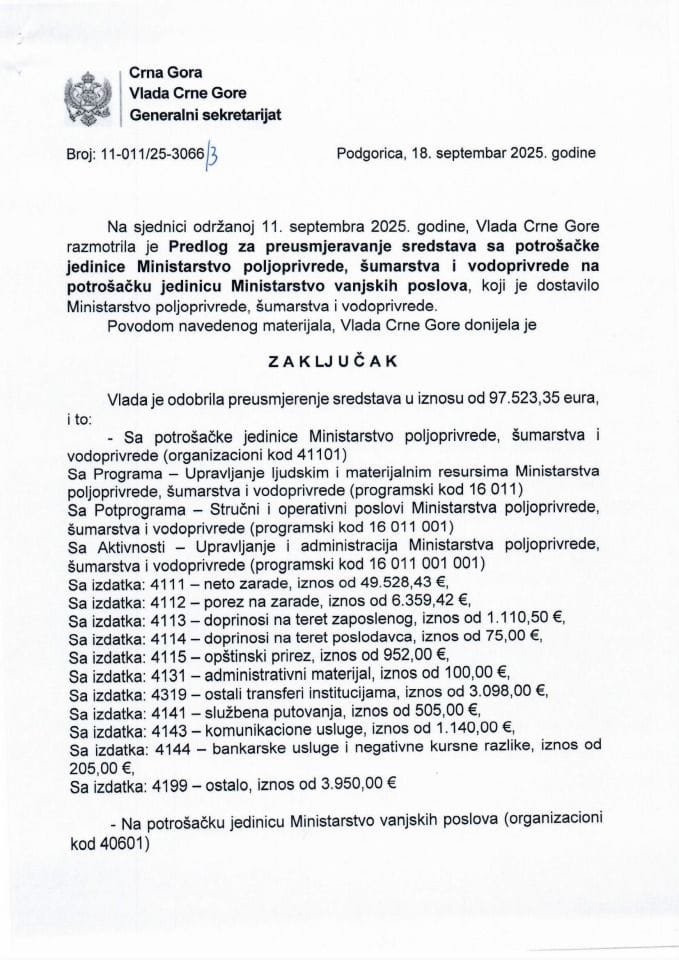 Predlog za preusmjeravanje sredstava sa potrošačke jedinice Ministarstvo poljoprivrede, šumarstva i vodoprivrede na potrošačku jedinicu Ministarstvo vanjskih poslova - zaključci