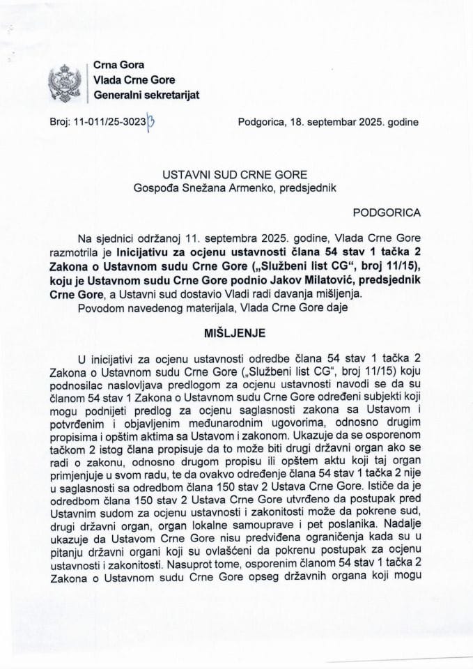 Predlog mišljenja na Inicijativu za ocjenu ustavnosti člana 54 stav 1 tačka 2 Zakona o Ustavnom sudu Crne Gore („Službeni list CG“, broj 11/15), koju je podnio Jakov Milatović, predsjednik Crne Gore - zaključci