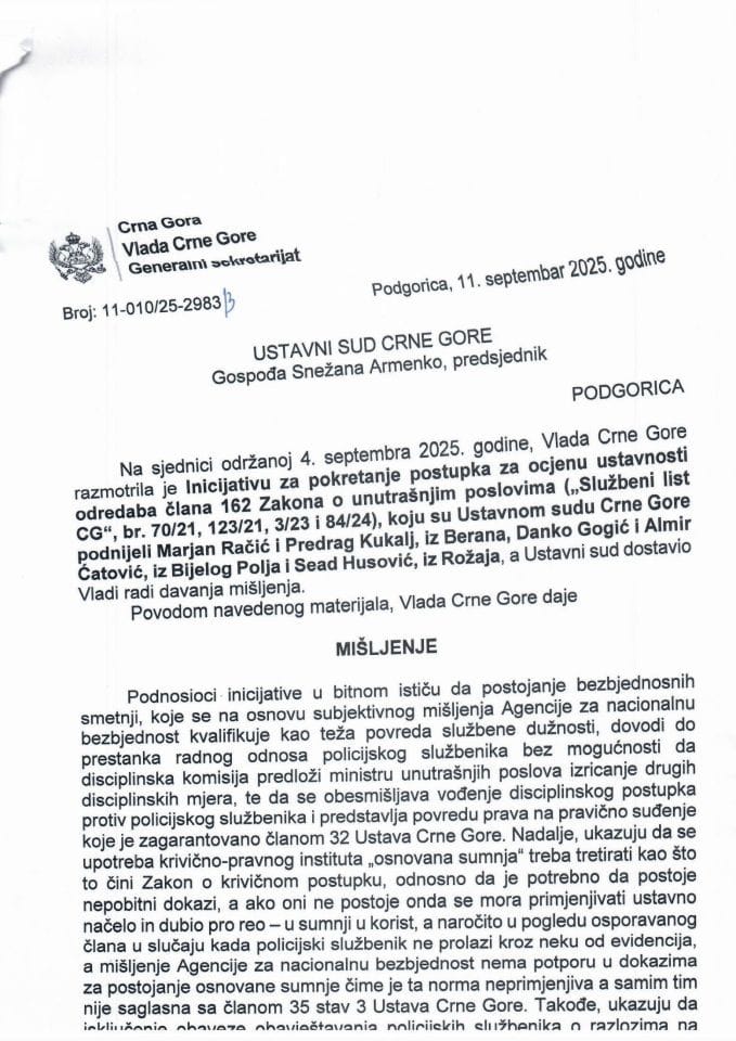 Predlog mišljenja na Inicijativu za pokretanje postupka za ocjenu ustavnosti odredaba člana 162 Zakona o unutrašnjim poslovima („Službeni list CG“, br. 70/21, 123/21, 3/23 i 84/24) - Zaključci