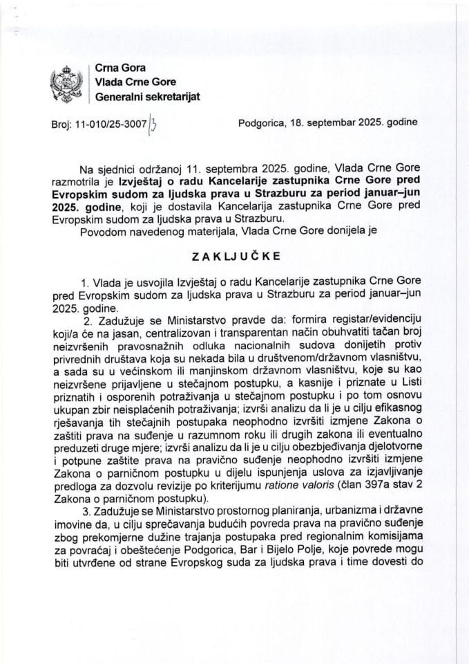 Izvještaj o radu Kancelarije zastupnika Crne Gore pred Evropskim sudom za ljudska prava za period januar-jun 2025. godine - zaključci