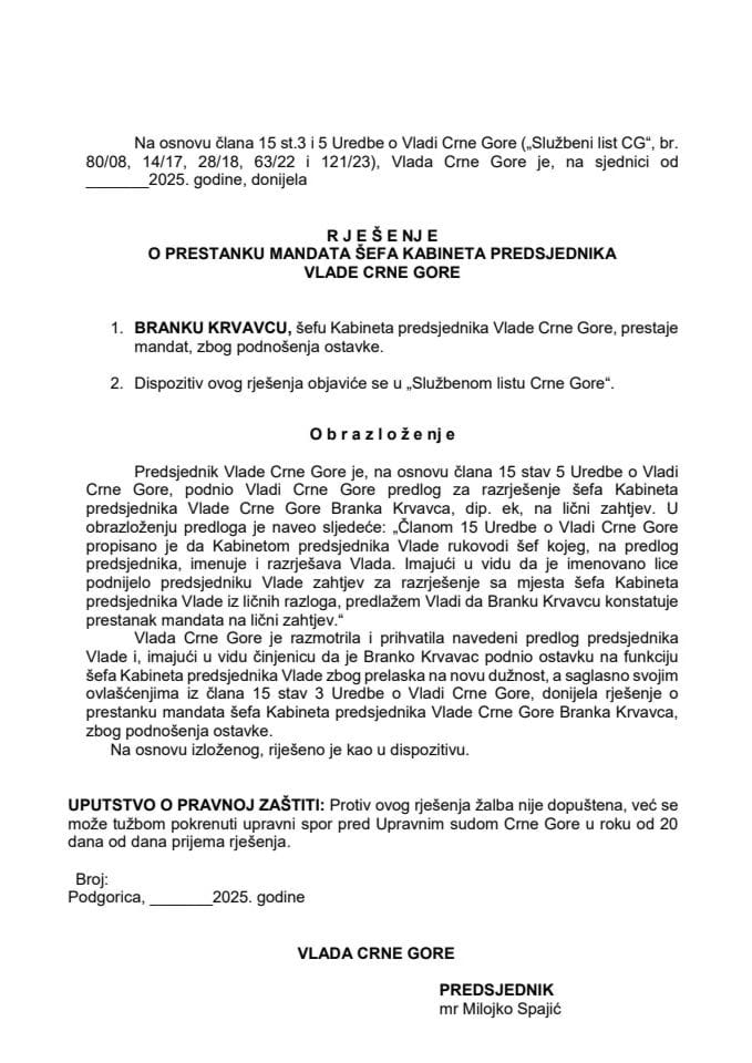 Предлог за престанак мандата шефа Кабинета предсједника Владе Црне Горе