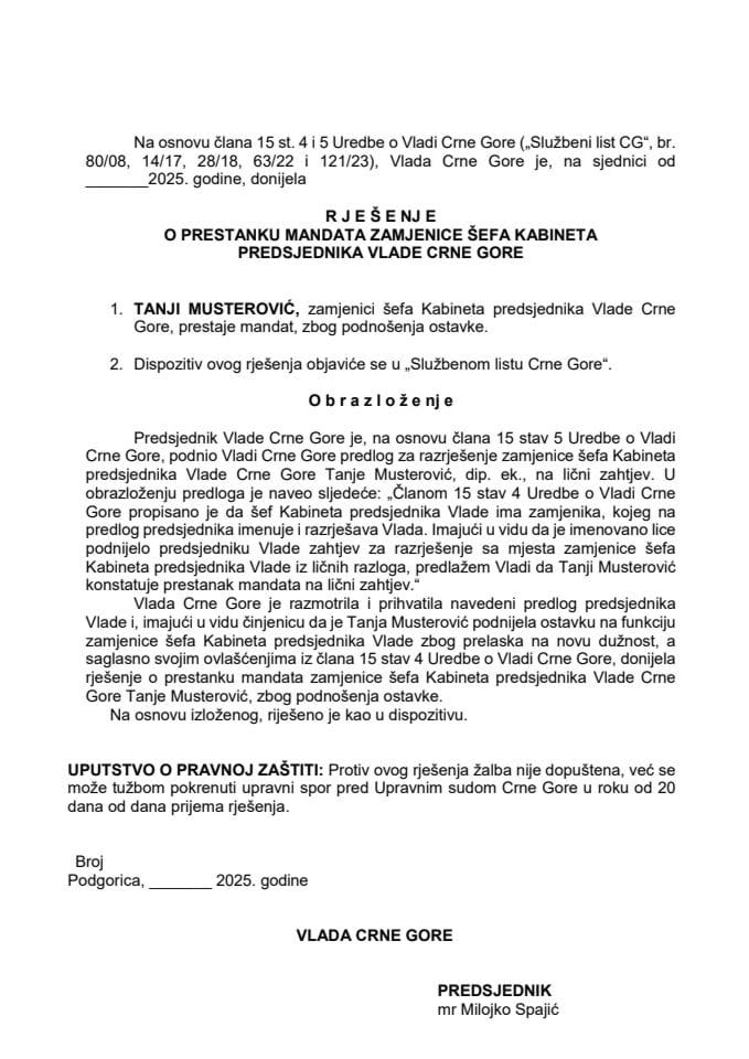 Предлог за престанак мандата замјенице шефа Кабинета предсједника Владе Црне Горе