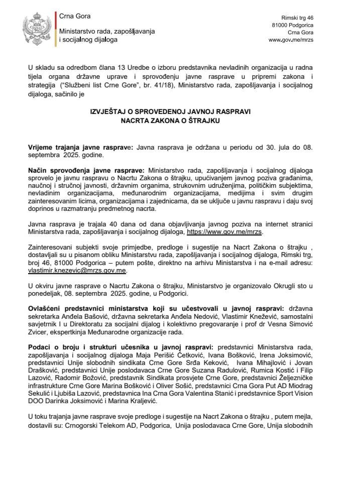 Izvjestaj sa Javne rasprave - Nacrt Zakona o štrajku 19.09.