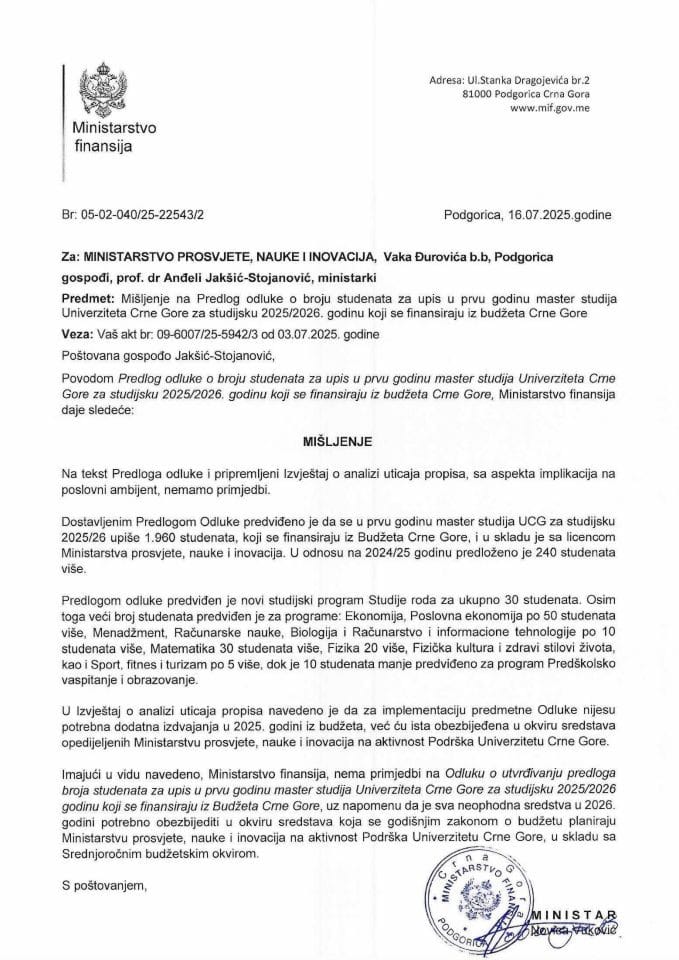 Mišljenje na Predlog odluke o broju studenata za upis u prvu godinu master studija Univerziteta CG za studijsku 2025 2026 koji se finansiraju iz budžeta