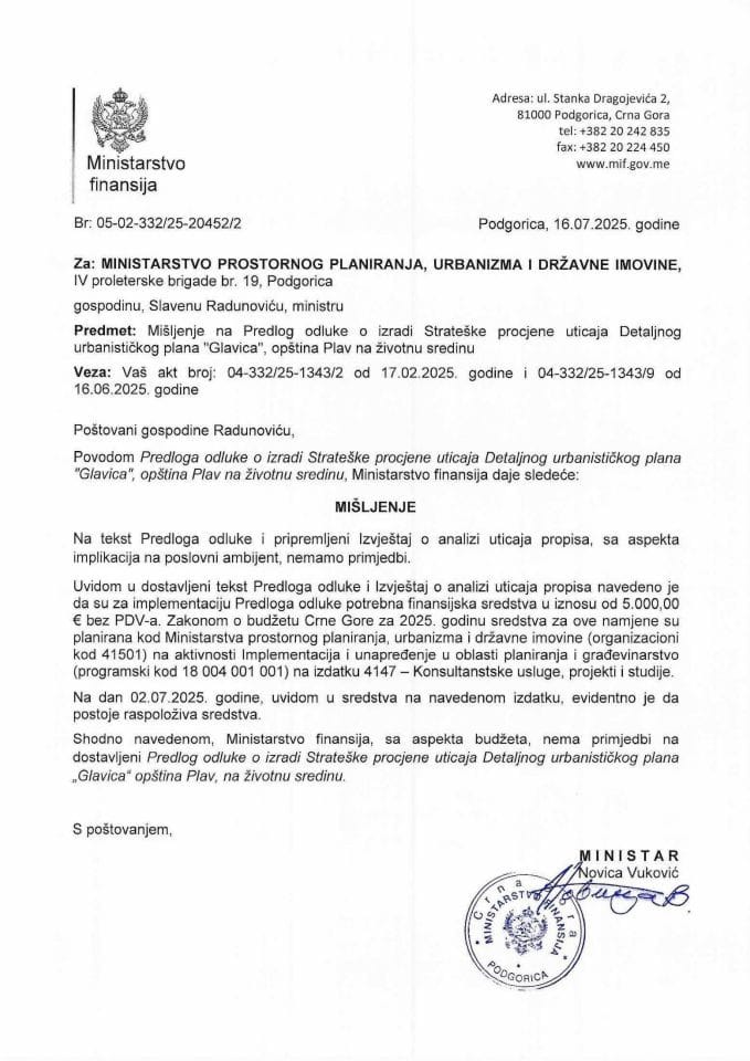 Mišljenje na Predlog odluke o izradi Strateške procjene uticaja Detaljnog urbanističkog plana Glavica, opština Plav, na životnu sredinu