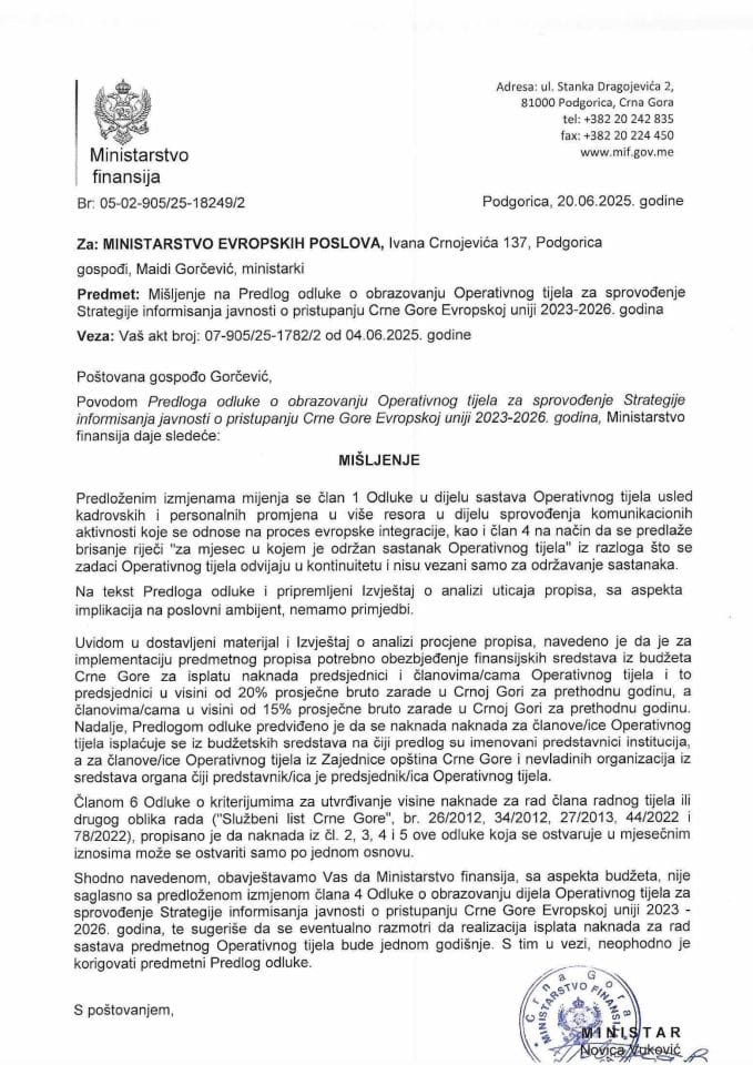 Mišljenje na Predlog odluke o obrazovanju Operativnog tijela za sprovođenje Strategije informisanja javnosti o pristupanju Crne Gore Evropskoj uniji