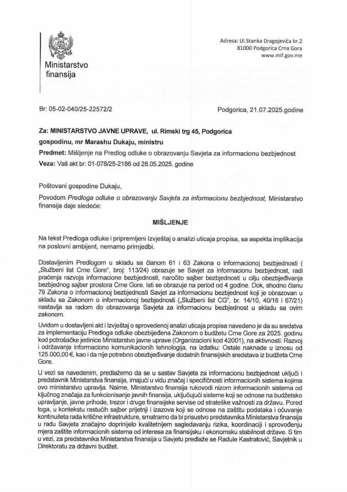 Mišljenje na Predlog odluke o obrazovanju Savjeta za informacionu bezbjednost