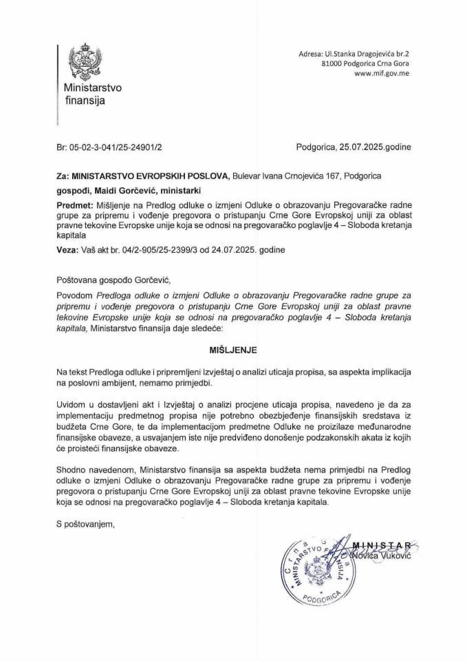 Mišljenje na Predlog odluke o izmjeni Odluke o obrazovanju Pregovaračke radne grupe o pristupanju CG EU za oblast pravne tekovine EU koja se odnosi na PP 4