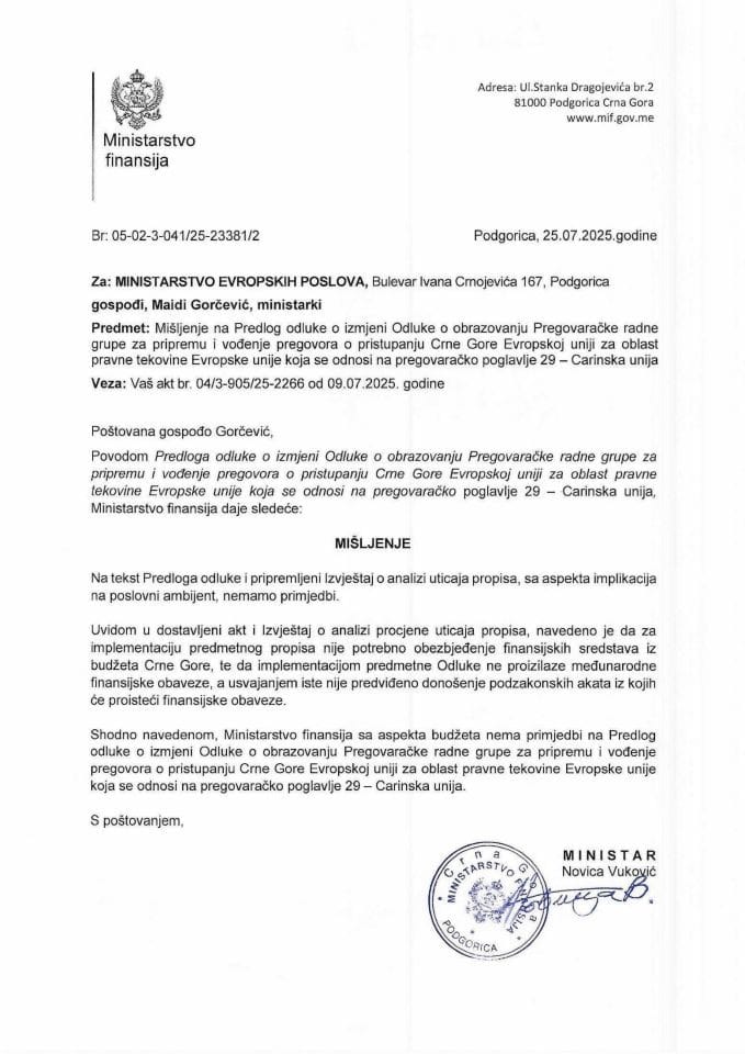 Mišljenje na Predlog odluke o izmjeni Odluke o obrazovanju Pregovaračke radne grupe o pristupanju CG EU za oblast pravne tekovine EU koja se odnosi na PP 29