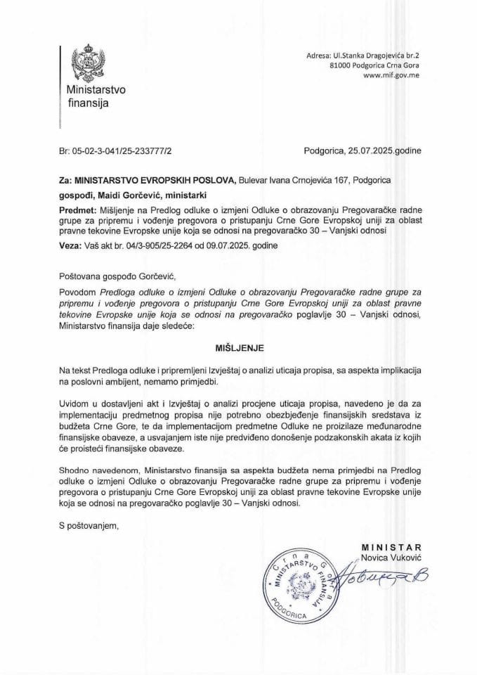 Mišljenje na Predlog odluke o izmjeni Odluke o obrazovanju Pregovaračke radne grupe o pristupanju CG EU za oblast pravne tekovine EU koja se odnosi na PP 30