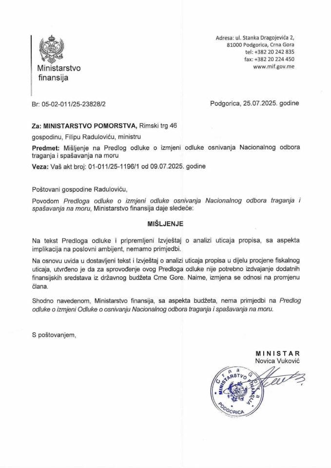 Mišljenje na Predlog odluke o izmjeni odluke osnivanja Nacionalnog odbora traganja i spašavanja na moru