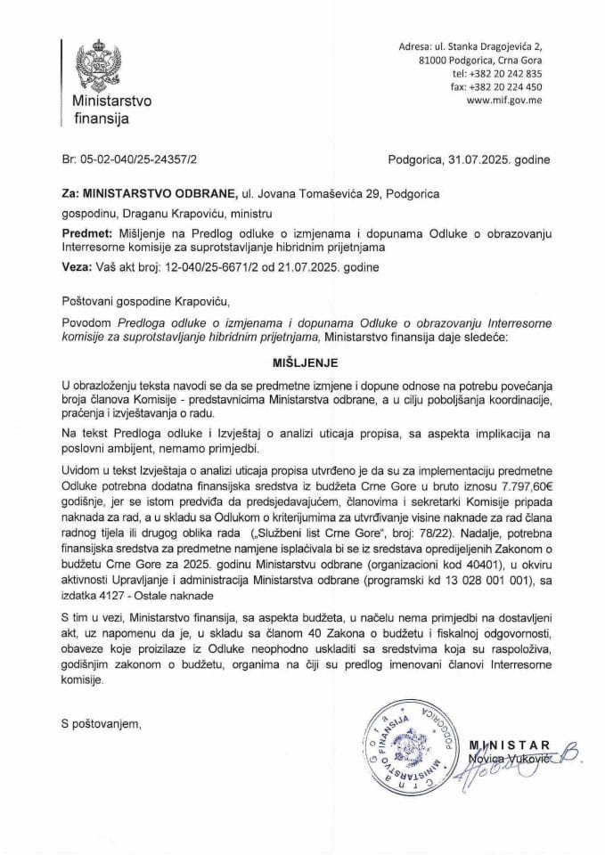 Mišljenje na Predlog odluke o izmjenama i dopunama Odluke o obrazovanju Interresorne komsiije za suprotstavljanje hibridnim prijetnjama