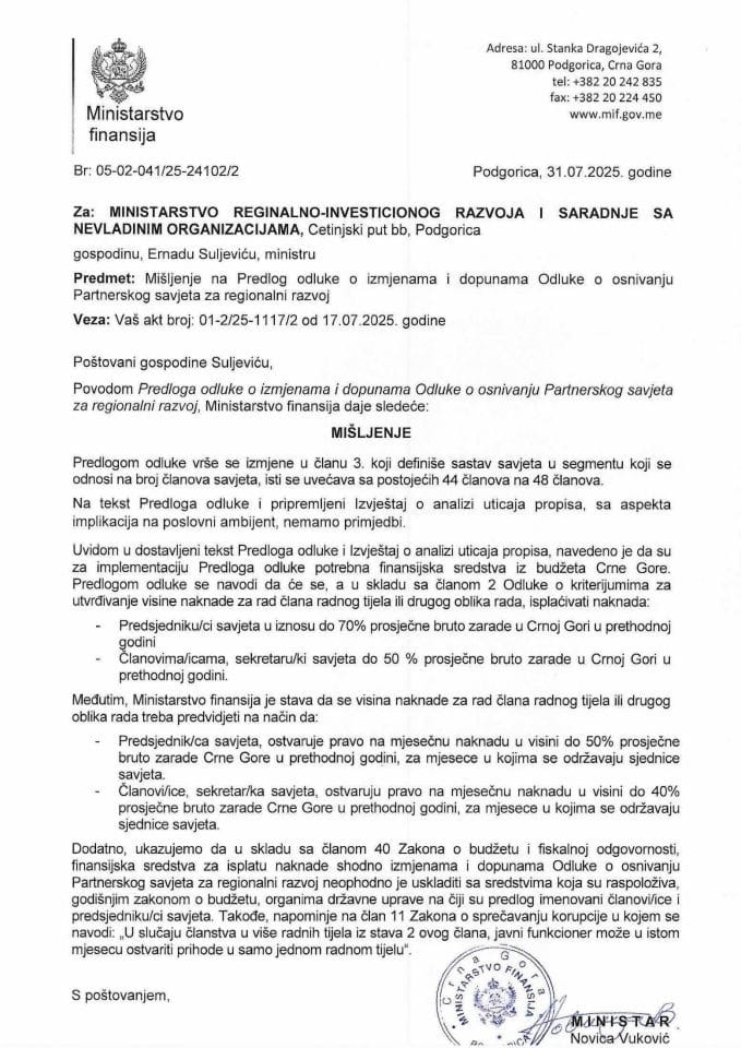 Mišljenje na Predlog odluke o izmjenama i dopunama Odluke o osnivanju Partnerskog savjeta za regionalni razvoj