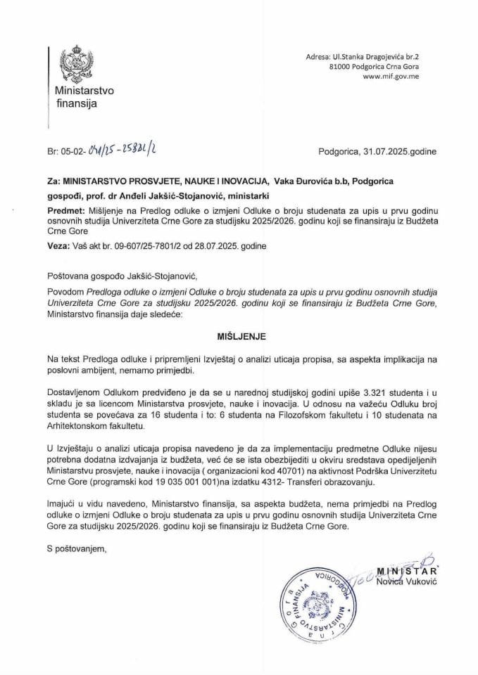 Mišljenje na Predlog Odluke o izmjeni Odluke o broju studenata za upis u prvu godinu osn. studija UCG za 2025-2026. godinu koji se finansiraju iz budžeta