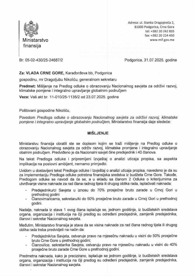 Mišljenje na Predlog odluke o obrazovanju Nacionalnog savjeta za održivi razvoj, klimatske pomjene i integralno upravljanje obalnim područjem