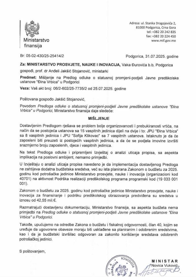 Mišljenje na Predlog odluke o statusnoj promjeni-podjeli Javne predškolske ustanove Đina Vrbica u Podgorici