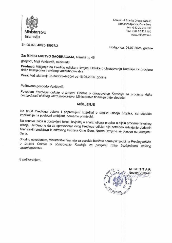 Mišljenje na Predlog odluke o izmjeni Odluke o obrazovanju Komisije za procjenu rizika bezbjednosti civilnog vazduhoplovstva